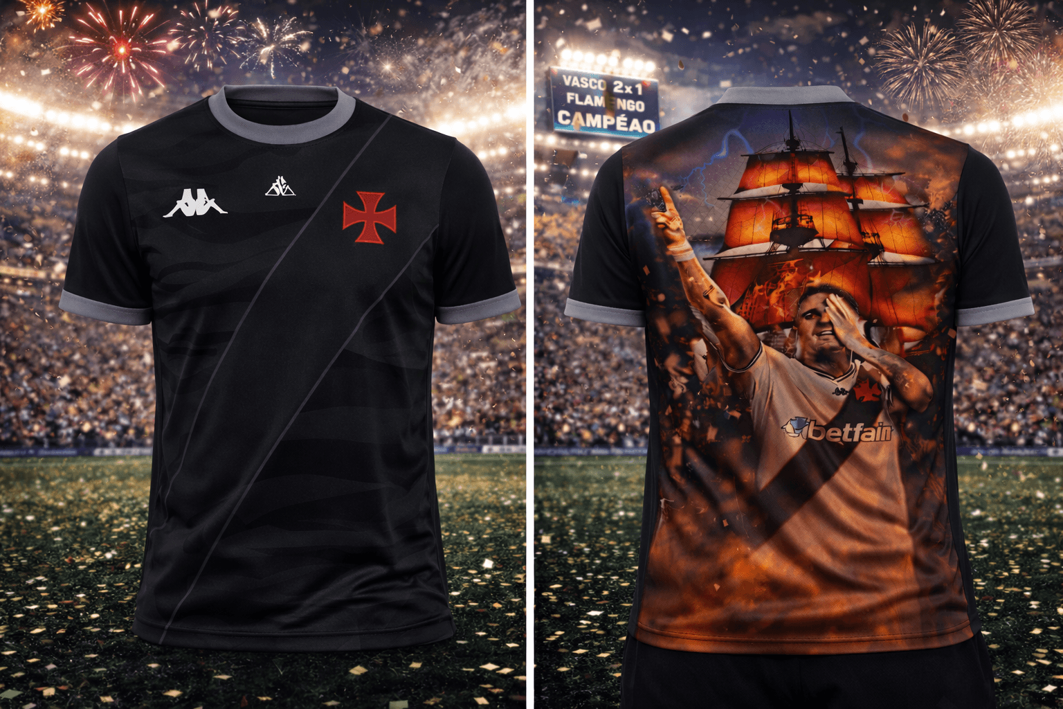 Camiseta Masculina Vasco da Gama - Estampa Total Back Navio e Ídolo - Preta - Frente