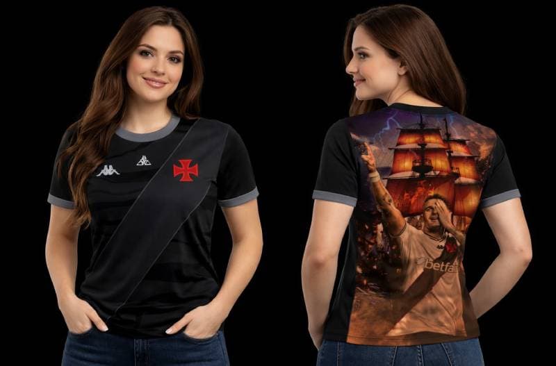 Camiseta Masculina Vasco da Gama - Estampa Total Back Navio e Ídolo - Preta - Frente