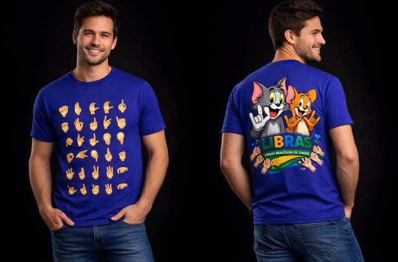 Camiseta LIBRAS Tom & Jerry – Alfabeto em Língua Brasileira de Sinais - Frente