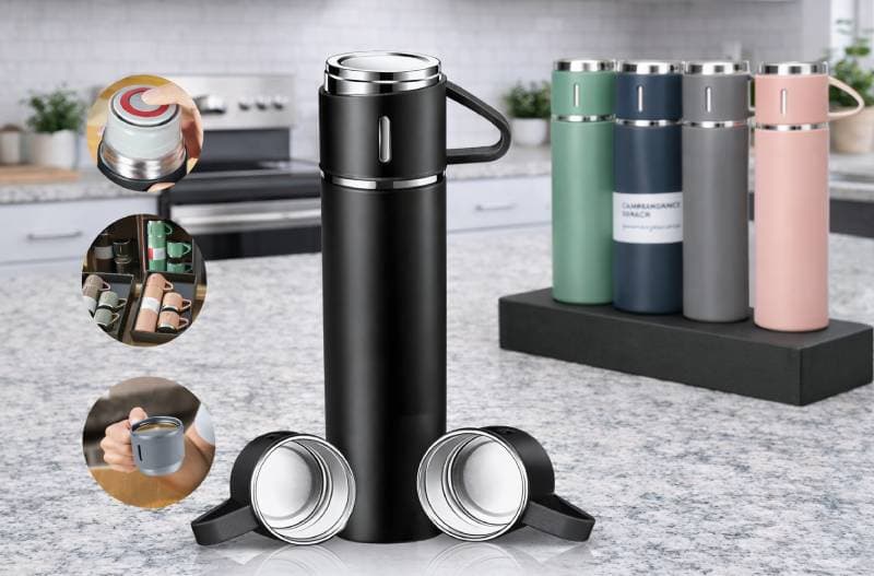 Garrafa Térmica Inox 500ml com 2 Xícaras – Kit Premium com Alça (Várias Cores) - Frente