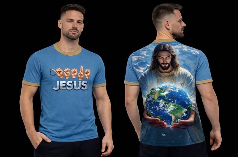 Camiseta Azul Libras - Estampa Jesus com Alfabeto Manual e Arte Cristo Salvador - Frente